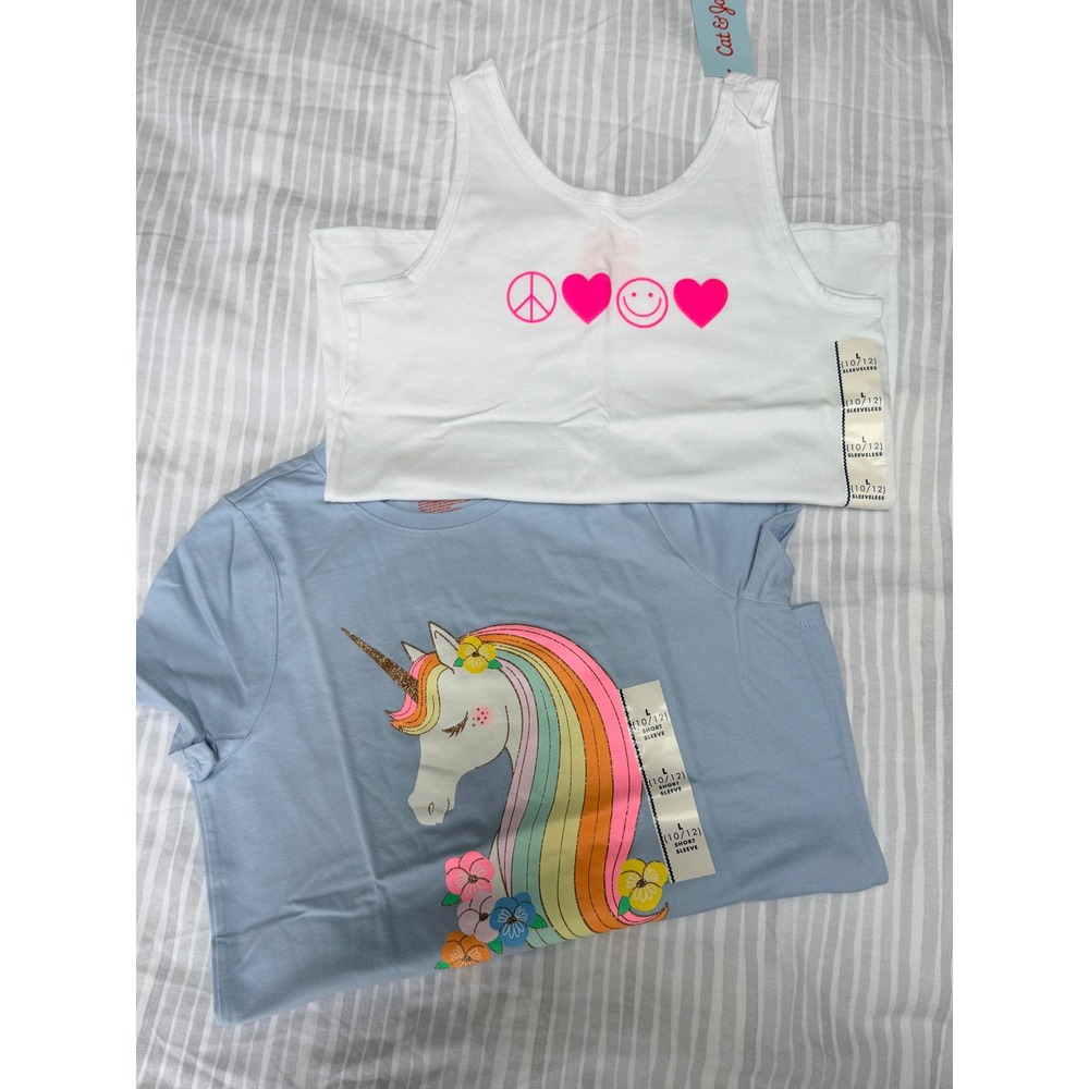 Cat & Jack Graphic Tops Girls Size L 10/12 Blue‎ White Unicorn Peace NWT
